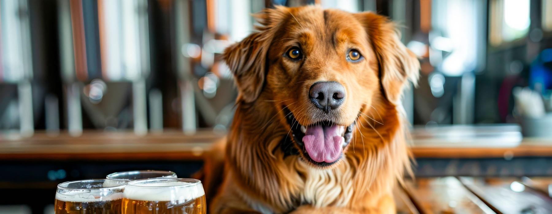 a dog sitting at a table with a glass of beer