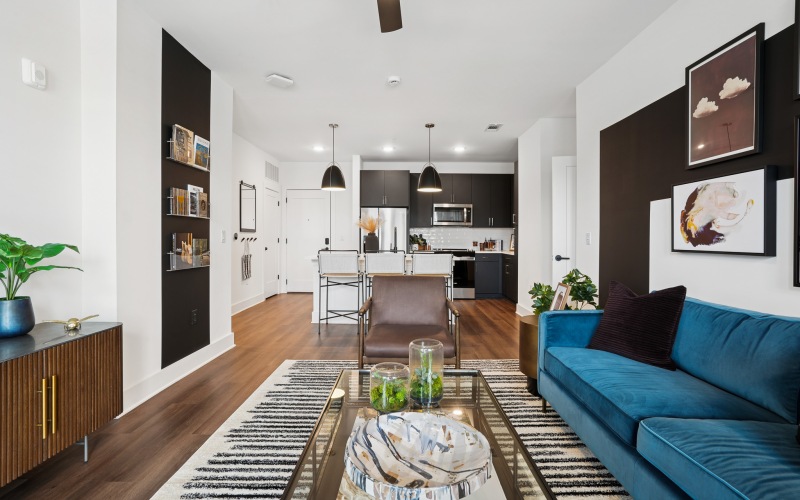 Furnished living room overlooking the kitchen with black cabinets